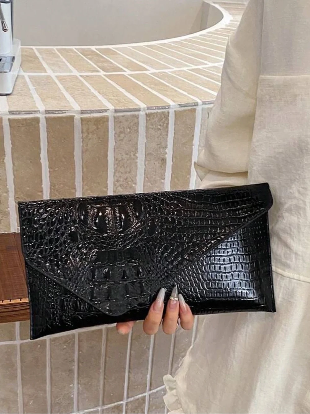 Black Croc-Embossed Envelope Clutch